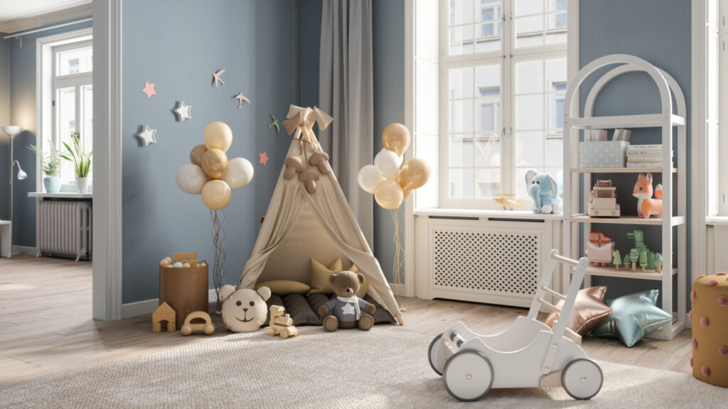 A children's playroom decorated in soft, neutral tones, featuring a cozy teepee tent surrounded by plush toys, balloons, and star wall decals.